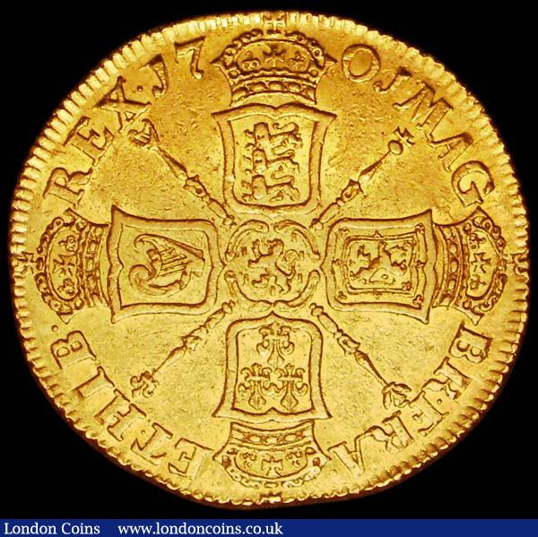 Two Guineas 1701 Fine Work S.3457 Near EF and retaining traces of original lustre, attractive and desirable in this pleasing grade, comes in a London Mint Office box with certificate stating Condition: PCGS About Uncirculated 55, lists at £25,000 in EF in the Spink Standard Catalogue. In 2014 the Standard Catalogue valued this coin in EF at £12,500, so has doubled it's catalogue value in just five years. We note that we have only offered two previous examples since 2003, and in the same period we have offered sixteen 1701 Fine Work Five Guineas, thus indicating this to be by far the scarcer coin, a rare opportunity to obtain a high grade rarity such as this : English Coins : Auction 168 : Lot 1647