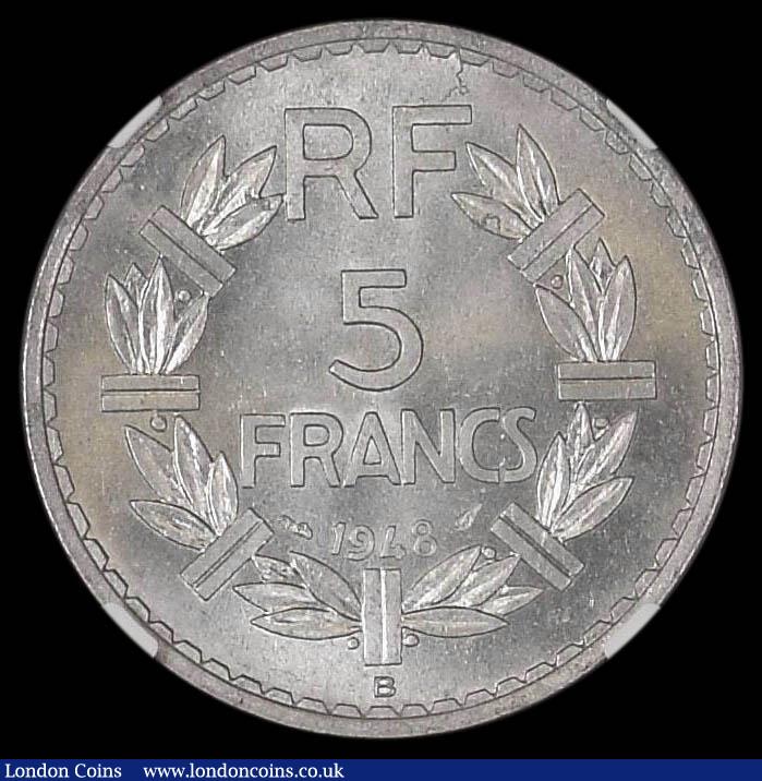 London Coins : A168 : Lot 2002 : France 5 Francs 1948B Open 9 KM#888b.2 some flan imperfections below the bust otherwise UNC and reta...