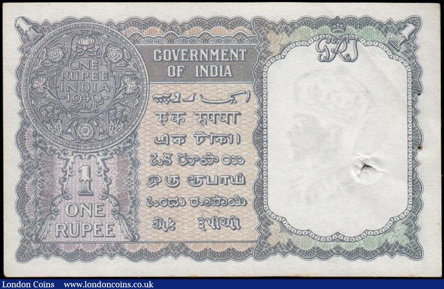 London Coins : A168 : Lot 202 : India Government 1 Rupee Pick 25a 1940 George VI issue black serial number G/90 134813 no plate lett...