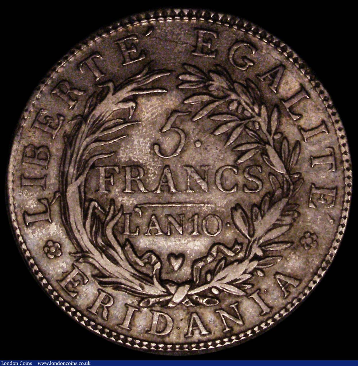 London Coins : A168 : Lot 2036 : Italian States - Piedmont Republic 5 Francs An 10 (1801) C#4 VF/GVF and nicely toned, a short-lived ...