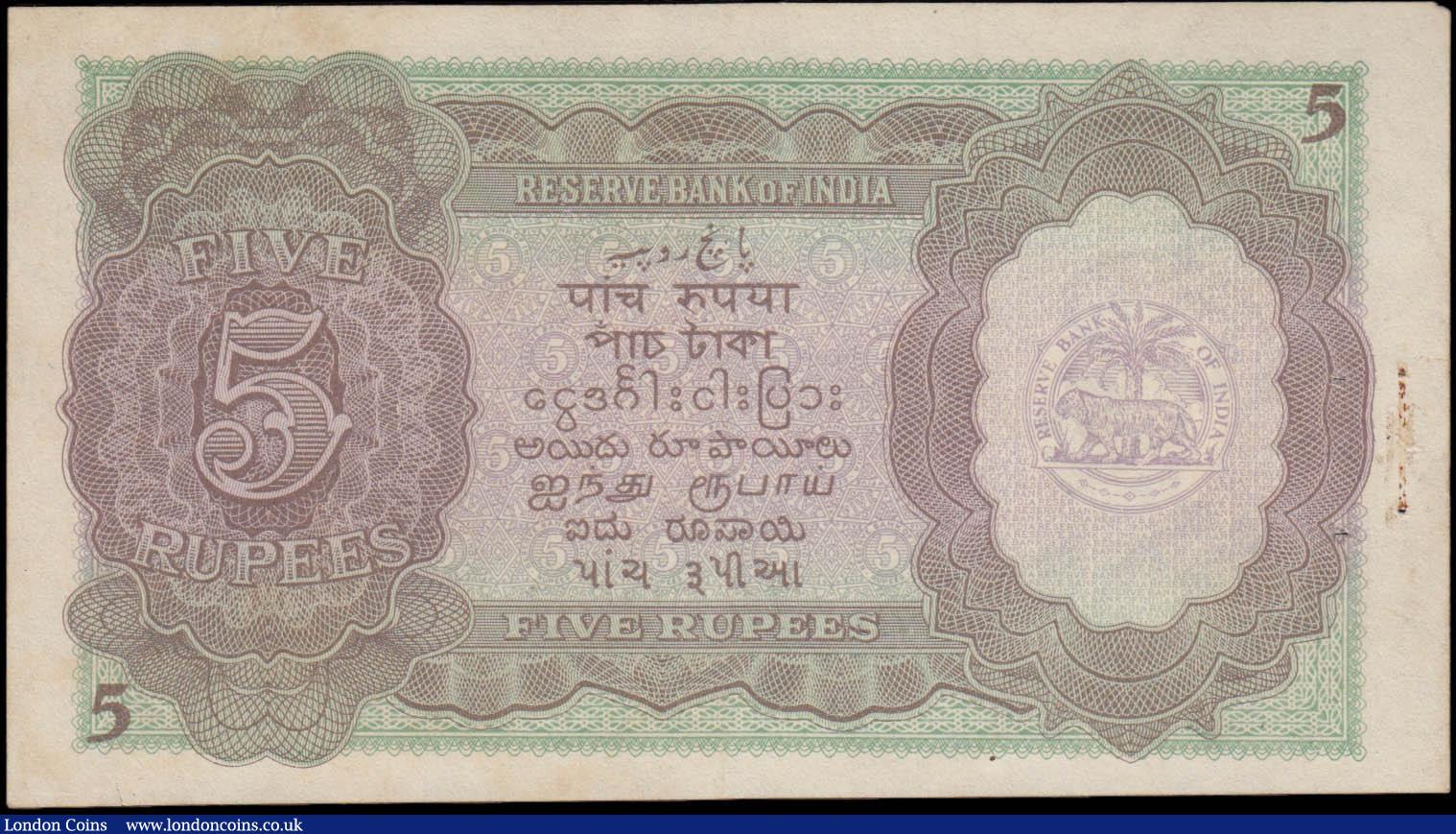 London Coins : A168 : Lot 204 : India Reserve Bank 5 Rupees Pick 18b (Razack-Jhunjhunwalla 4.3.2, TBB202b) ND 1943 signature Deshmuk...