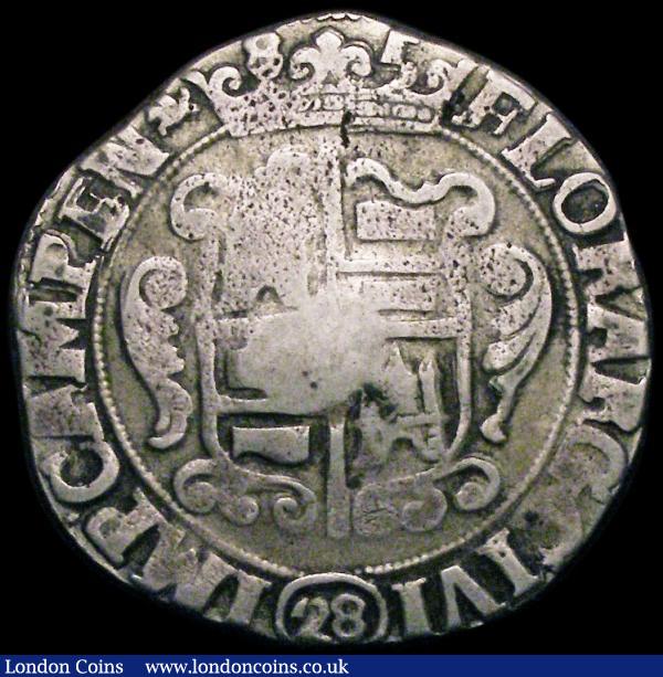 Netherlands - Holland 28 Stuivers countermarked coinage of 1693, KM#69.11 with HOL countermark on Overijssel-Kampen 28 Stuivers 1685, host coin KM#76, the date shown as 85 on the host coin (1685), 19.48 grammes,  Countermark Fine, host coin Near Fine, unpriced in any grade by Krause : World Coins : Auction 168 : Lot 2053