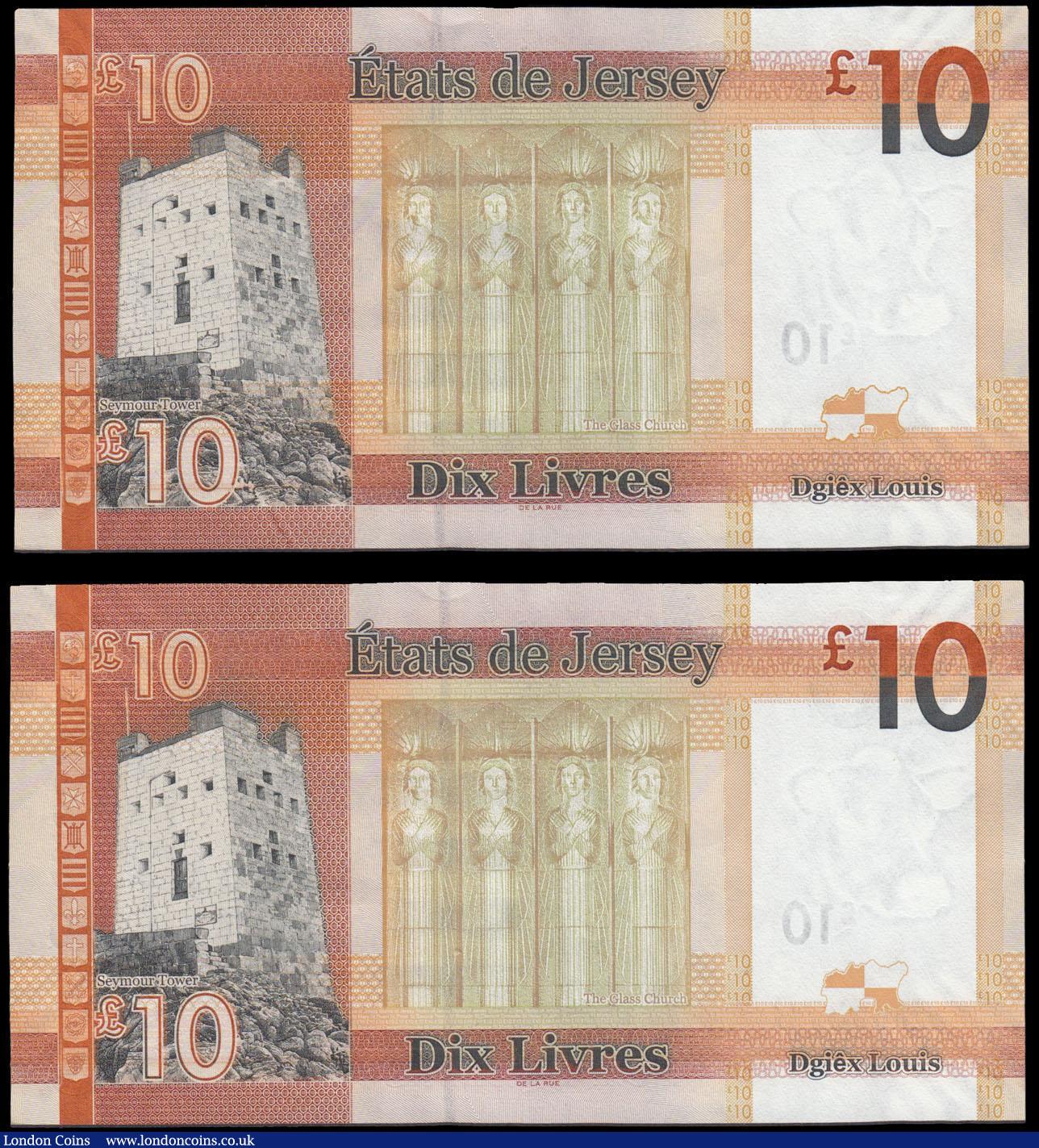 London Coins : A168 : Lot 221 : Jersey 10 Pounds Replacement issues Pick 34 (BY JE35) ND 2010 signature Ian Black and a consecutivel...