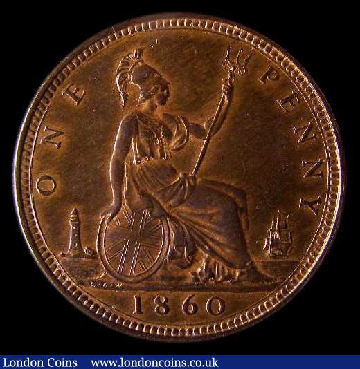 London Coins : A168 : Lot 2254 : Penny 1860 Toothed Border Freeman 10 dies 2+D Choice UNC toned, the reverse with traces of lustre, i...