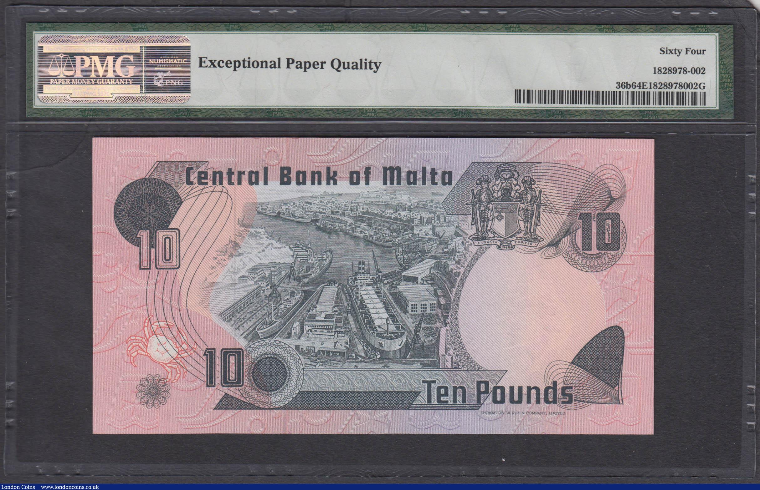 London Coins : A168 : Lot 229 : Malta Bank Centrali 10 Liri Pick 36b Law of 1967 (1979) serial number C/21 924398 and the variety wi...