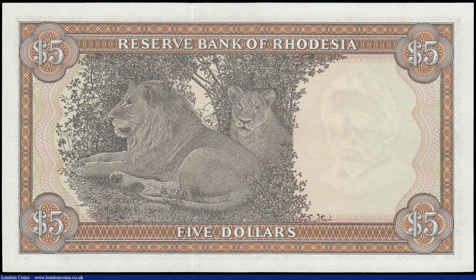 London Coins : A168 : Lot 254 : Rhodesia Bank 5 Dollars Pick 36a dated 20th October 1978 serial number M/18 445673, a fresh and cris...