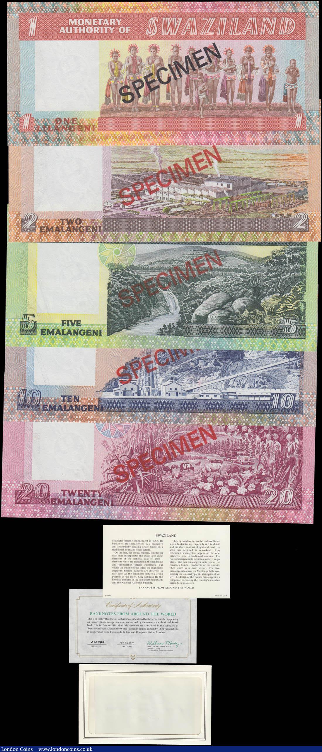 London Coins : A168 : Lot 285 : Swaziland SPECIMEN Franklin Mint Collectors set Pick CS1 of 5 notes - 1 Lilangeni and  2, 5, 10 and ...