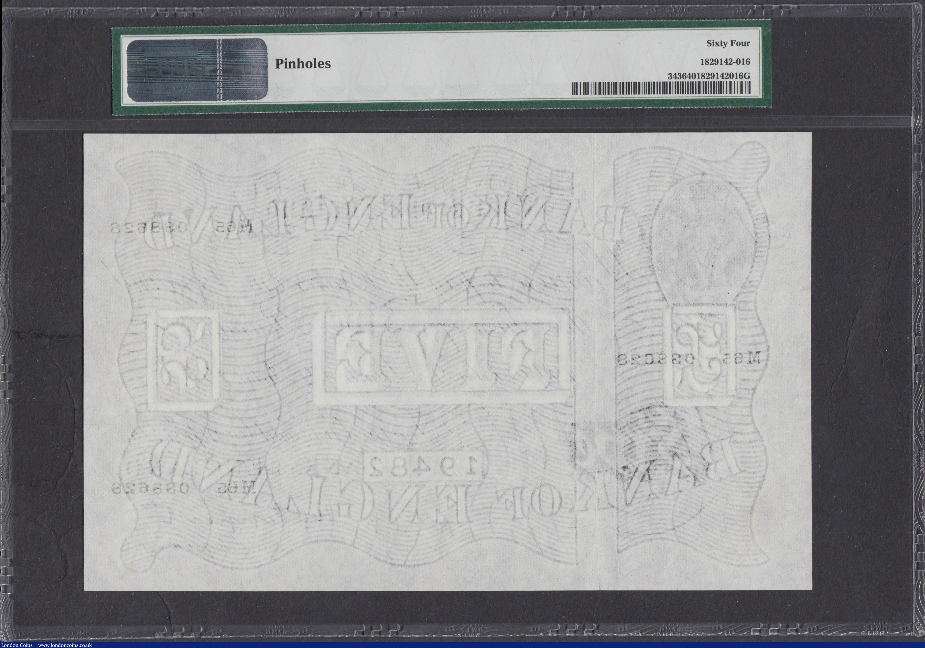 London Coins : A168 : Lot 53 : Five Pounds Peppiatt White Note B264 Fourth Post-war Period Thin paper Metal thr...