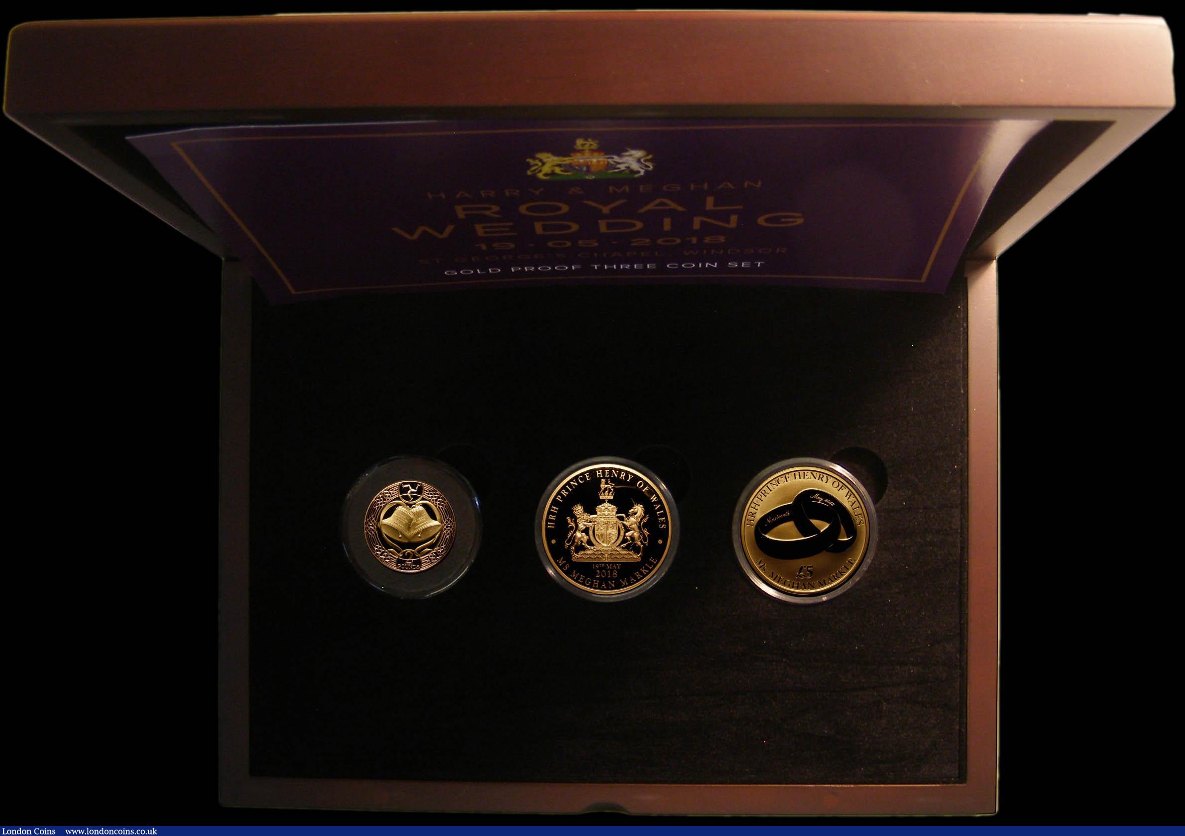 London Coins : A168 : Lot 681 : Guernsey/Jersey/Isle of Man a 3-coin Proof set in gold 'Harry and Meghan Royal Wedding 19/5/201...