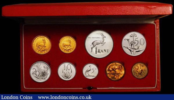 South Africa Proof Set 1968 (9 coins) 2 Rand to 1 Cent, includes the Gold 2 Rand and Gold 1 Rand issues KM#PS72 nFDC to FDC with some traces of old lacquering,  in the red South Africa Mint box of issue : World Cased : Auction 168 : Lot 715