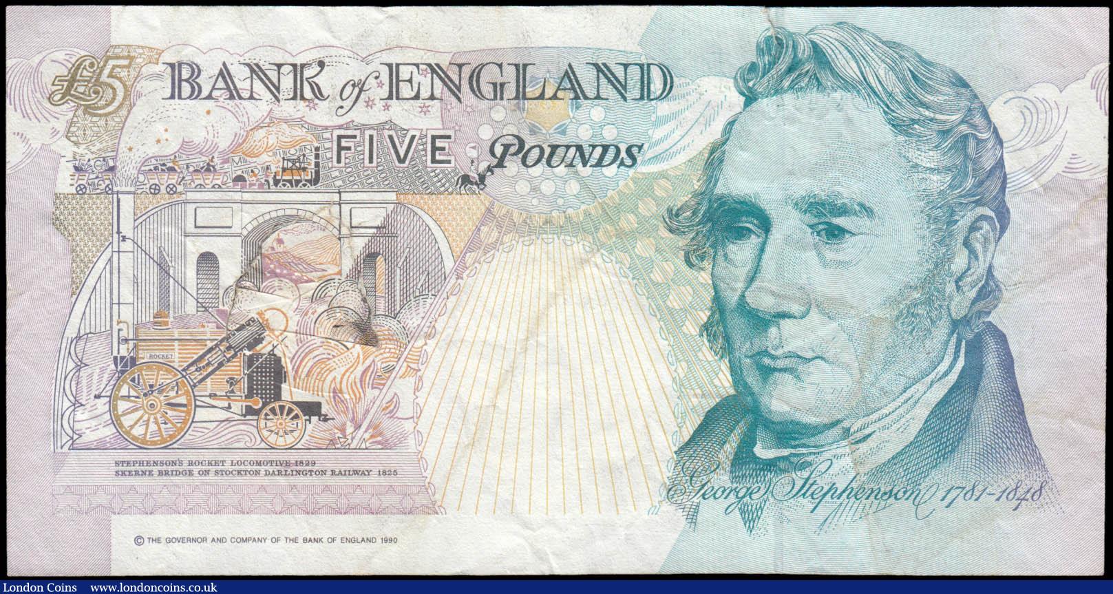 London Coins : A168 : Lot 79 : Five Pounds Kentfield QE2 pictorial and George Stephenson printing ERROR B364 issue 1993 serial numb...