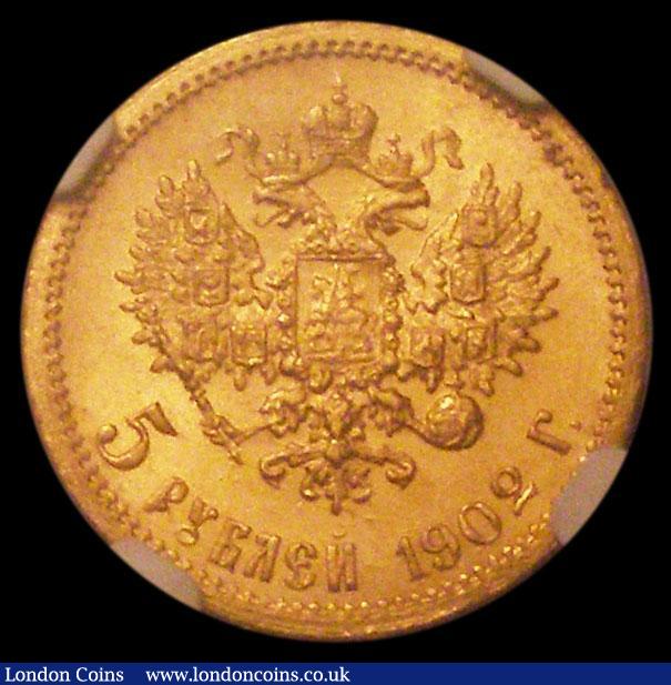 London Coins : A168 : Lot 839 : Russia 5 Roubles Gold 1902AP Y#62 in an NGC holder and graded MS65