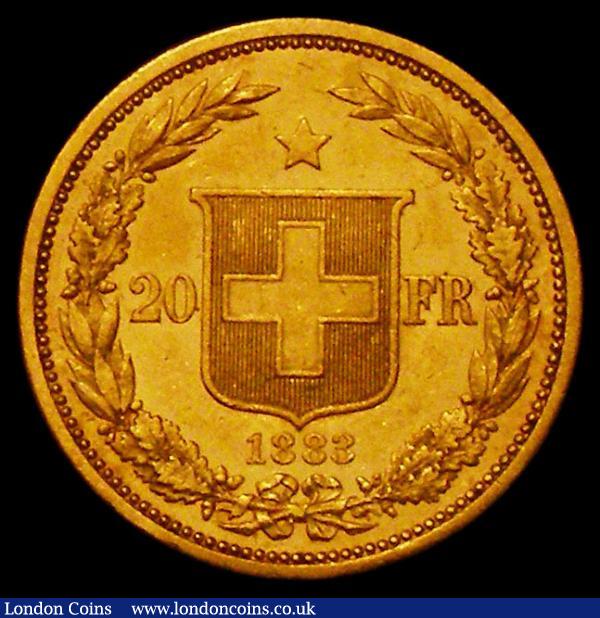 Switzerland 20 Francs 1883 reeded edge KM31.1 one year type GEF : World Coins : Auction 168 : Lot 860