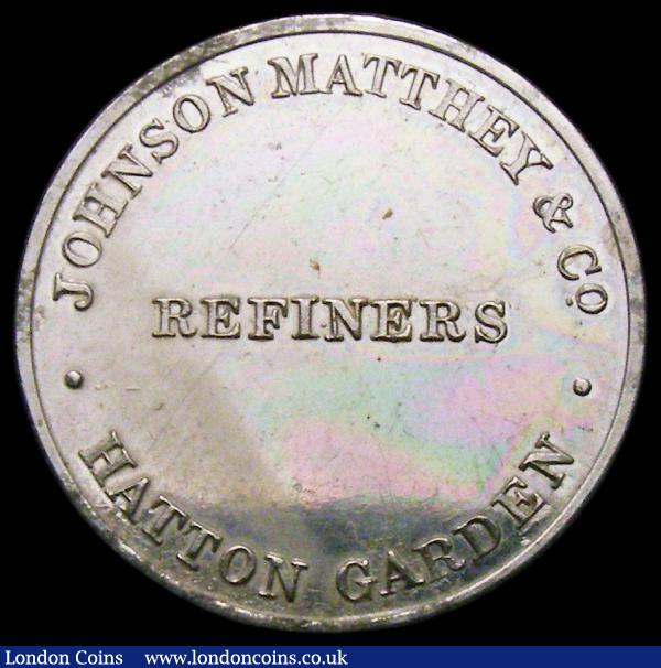 Advertising Token Johnson Matthey & Co. Refiners, Hatton Garden undated (c.1860-1890) 20mm diameter in aluminium, Obverse as Farthing 1860-1895 Toothed Border design, EF and lustrous. Cataloguers Note: made from the first electrolytic aluminium produced in England by the Hall-Heroult process. This reduced the cost of refining of aluminium considerably, and the first mass production plant opened in 1888. In it's pure state it had previously been considered a precious metal : Tokens : Auction 168 : Lot 897