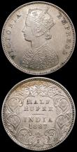 London Coins : A168 : Lot 800 : India Half Rupees (2) 1887 Calcutta, C incuse KM#490 GEF/AU the reverse with some lustre, 1889 Calcu...