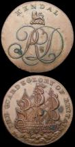 London Coins : A168 : Lot 906 : Halfpennies 18th Century (2) Westmoreland (now Cumbria) 1794 Kendal, Obverse: a cypher R&D crest...