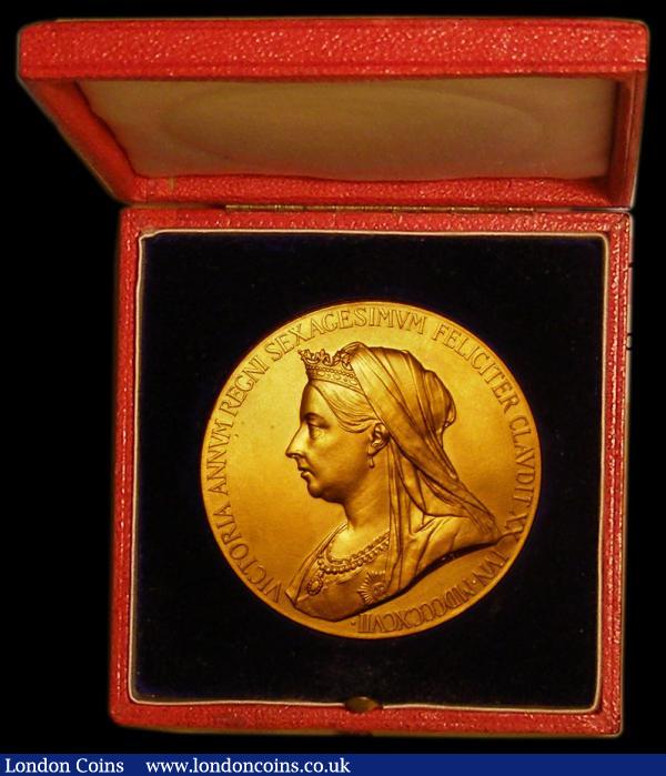 Queen Victoria Diamond Jubilee 1897 the large Official Royal Mint issue 56mm diameter in Gold, weight 90.59 grammes, Eimer 1817a, Choice UNC desirable thus, these large Royal Mint issues now very sought after, in the official red Royal Mint box of issue. Eimer shows a mintage of just 3725 medals minted : Medals : Auction 168 : Lot 969