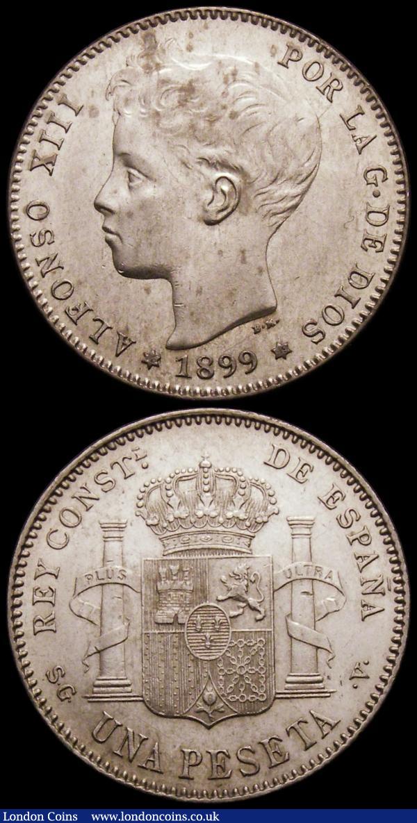 Spain One Peseta (2) 1899 (99) SG-V KM#706 GEF and lustrous, 1900 (00) SM-V EF and lustrous : World Coins : Auction 169 : Lot 1088