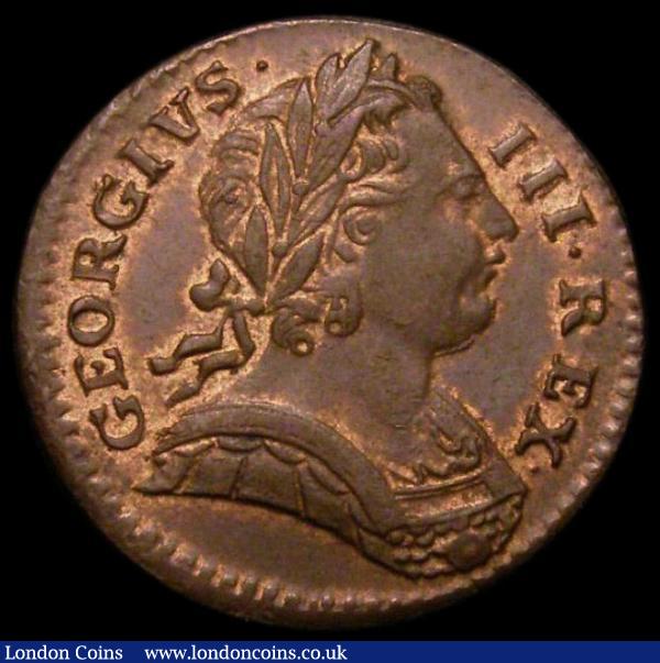 Farthing 1773 Obverse 2, with Large 77 in the date Peck 913 variant, LCGS variety 08, a high grade example of the early George III type with traces of mint lustre. Lustrous coins of this type now becoming increasingly difficult to find. In an LCGS holder and graded LCGS 80, the only example of this die pair currently recorded by the LCGS Population Report : English Coins : Auction 169 : Lot 1358