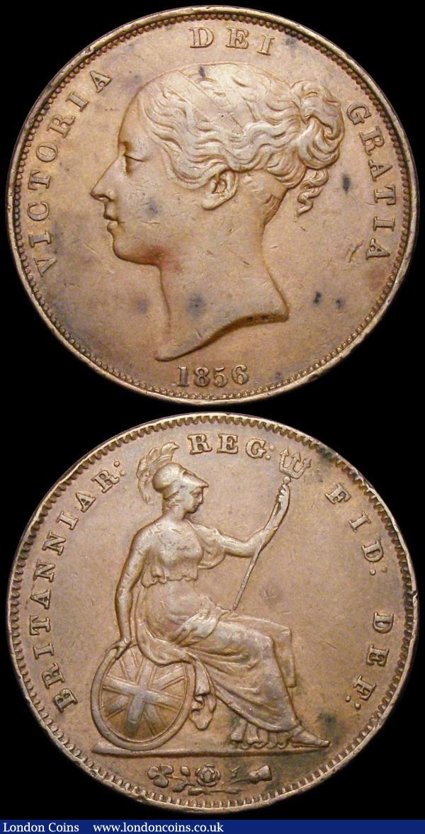 Penny 1856 Plain Trident Peck 1510 Good Fine with some tone spots on the obverse, Rare, Farthing 1825 the upright of the 5 missing, and various die blockages in the obverse legends : English Coins : Auction 169 : Lot 1678
