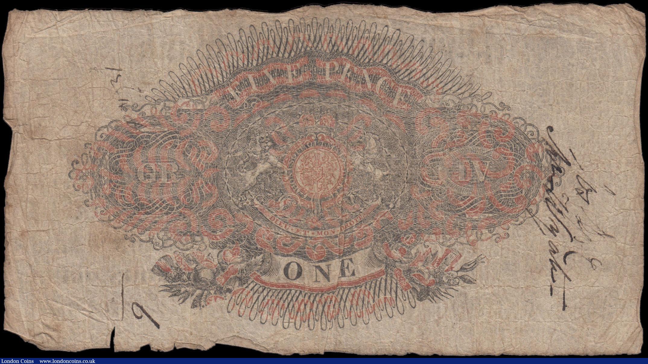 London Coins : A169 : Lot 104 : Plymouth Dock Bank, Devonshire 1 Pound dated 1st September 1823 No. D4081 For Thomas Clinton Shiells...