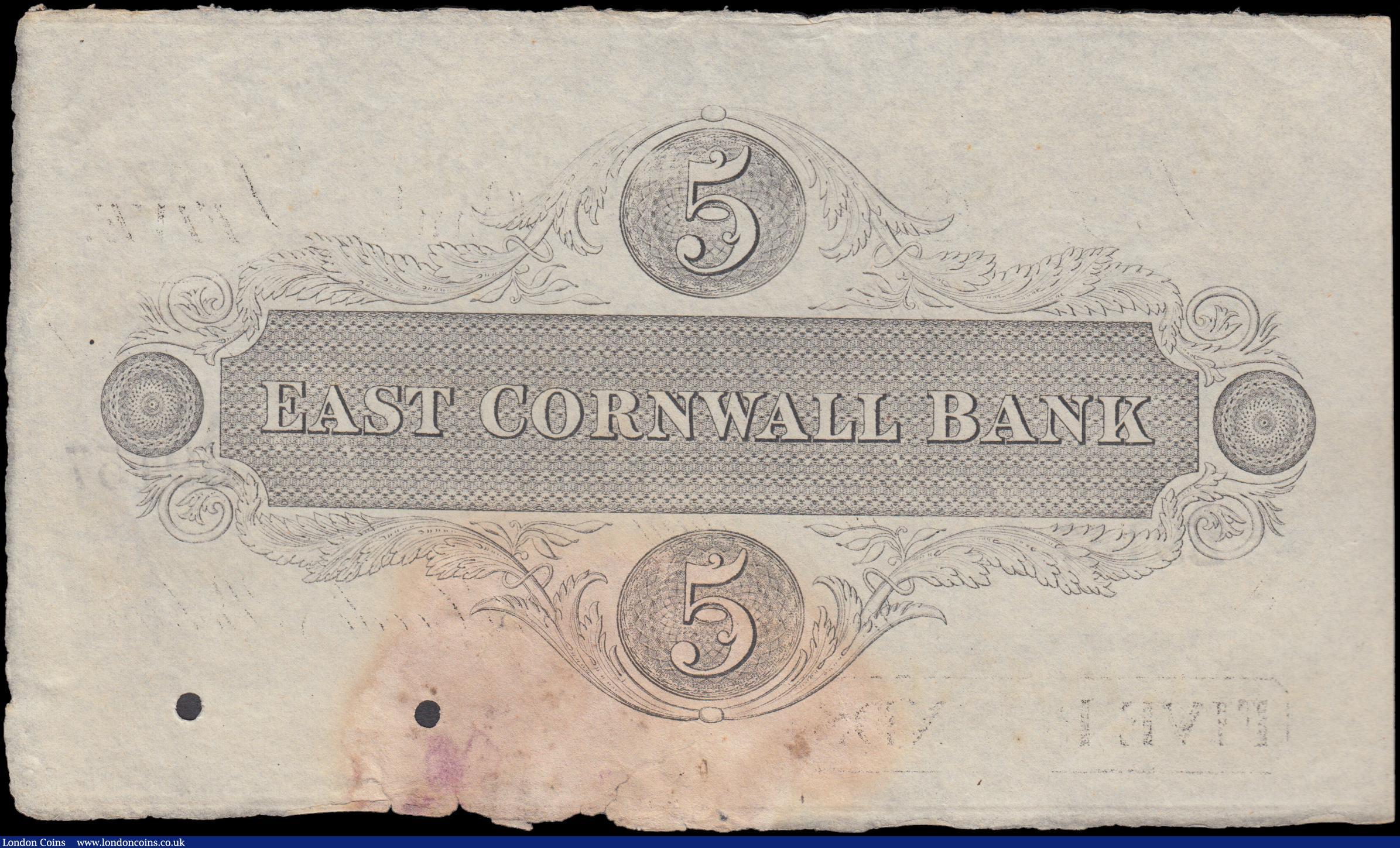 London Coins : A169 : Lot 105 : East Cornwall Bank, Liskeard 5 Pounds No. A/B 9157 undated circa 1870's SPECIMEN For Robins, Fo...