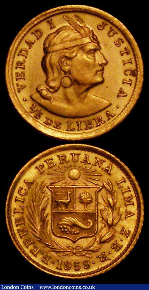 Peru Gold (2) Half Libra 1907 GOZG Trade Coinage KM#209 VF, One Fifth Libra 1959ZBR KM#210 Trade Coinage UNC : World Coins : Auction 169 : Lot 1060