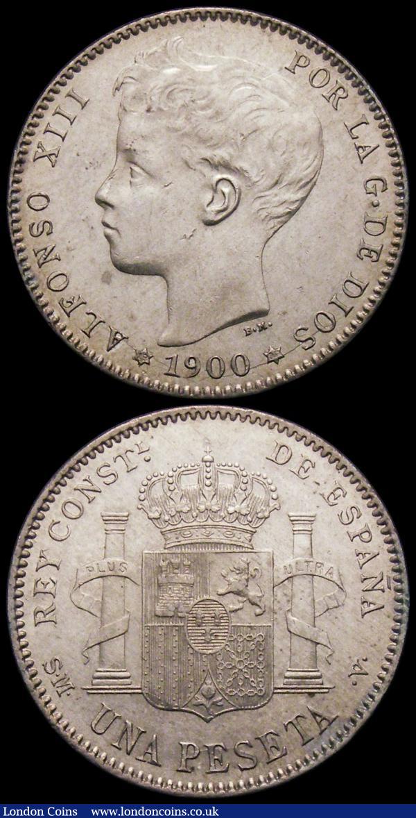 Spain One Peseta (2) 1899 (99) SG-V KM#706 GEF and lustrous, 1900 (00) SM-V EF and lustrous : World Coins : Auction 169 : Lot 1088