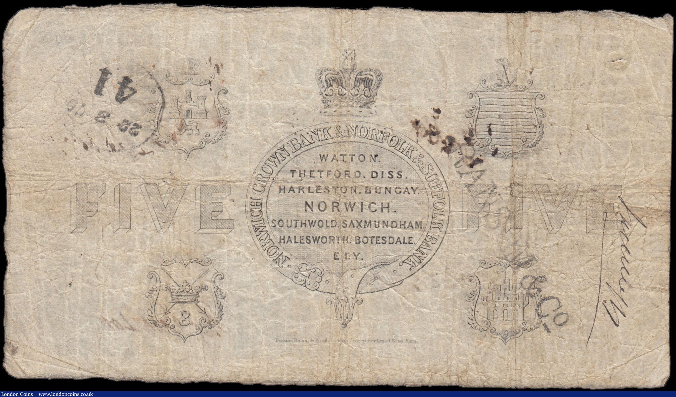 London Coins : A169 : Lot 109 : Norwich Crown Bank & Norfolk & Suffolk Bank, Norwich 5 Pounds dated 12th September 1868 No. ...