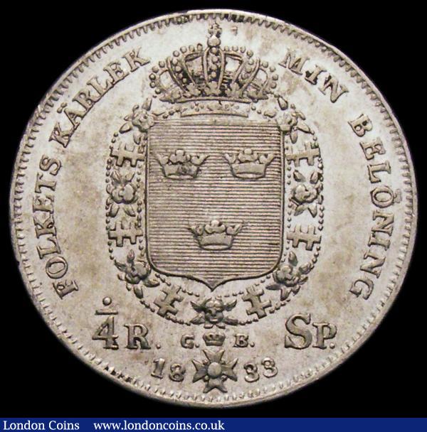 Sweden Quarter Riksdaler 1833 CB KM#627 EF/NEF and lustrous, the obverse with a few small spots, a key date in the series with a mintage of just 63,000 pieces : World Coins : Auction 169 : Lot 1097