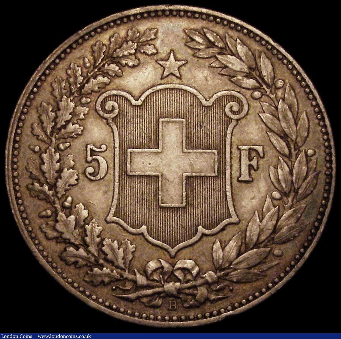 London Coins : A169 : Lot 1103 : Switzerland 5 Francs 1907 KM#34 Good Fine with a toning line on the right of the obverse