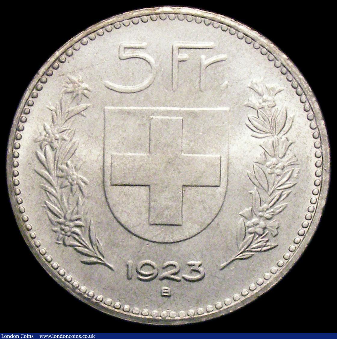 London Coins : A169 : Lot 1104 : Switzerland 5 Francs 1923B KM#37 UNC and lustrous with minor contact marks