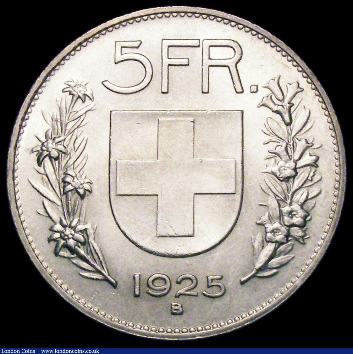 London Coins : A169 : Lot 1105 : Switzerland 5 Francs 1925B KM#38 UNC and lustrous with minor contact marks, scarce