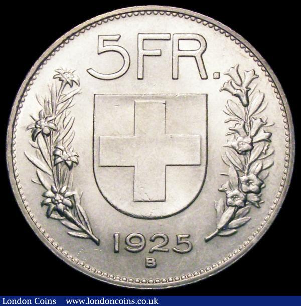 Switzerland 5 Francs 1925B KM#38 UNC and lustrous with minor contact marks, scarce : World Coins : Auction 169 : Lot 1105