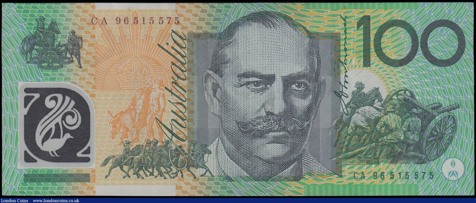 London Coins : A169 : Lot 119 : Australia Reserve Bank 100 Dollars First of the Polymer issues Pick 55a (McD 701a; Rks. 616) 1996 si...