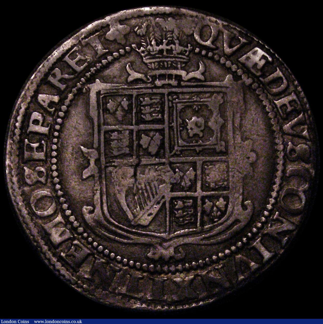 London Coins : A169 : Lot 1202 : Halfcrown James I Third Coinage, Plume over shield S.2667, North 2123, mintmark Trefoil, 14.84 gramm...