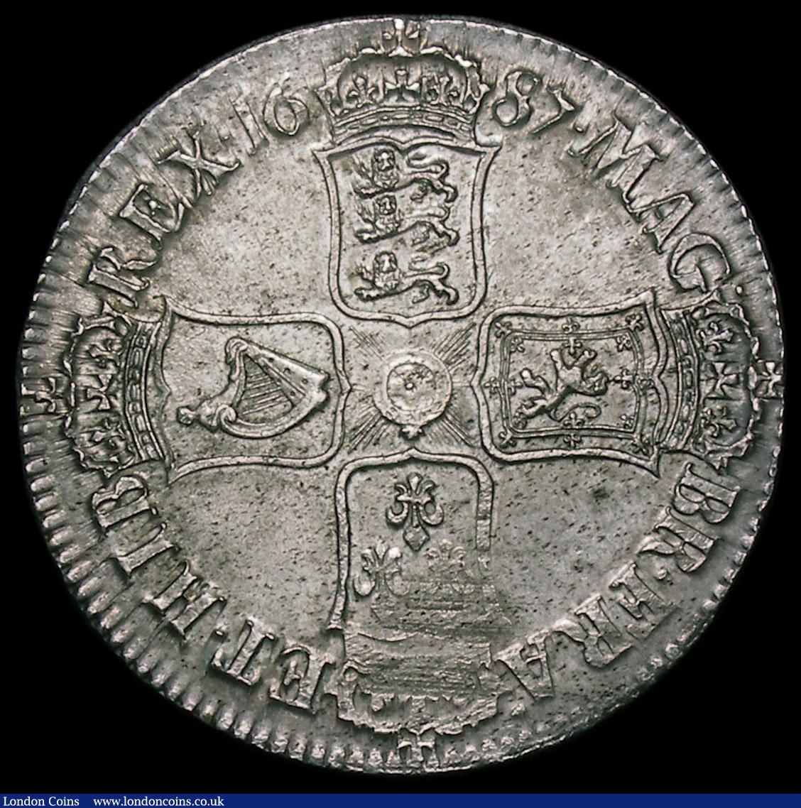 London Coins : A169 : Lot 1283 : Crown 1687 TERTIO edge ESC 78, Bull 743 a very pleasing and high grade example with grey and gold to...