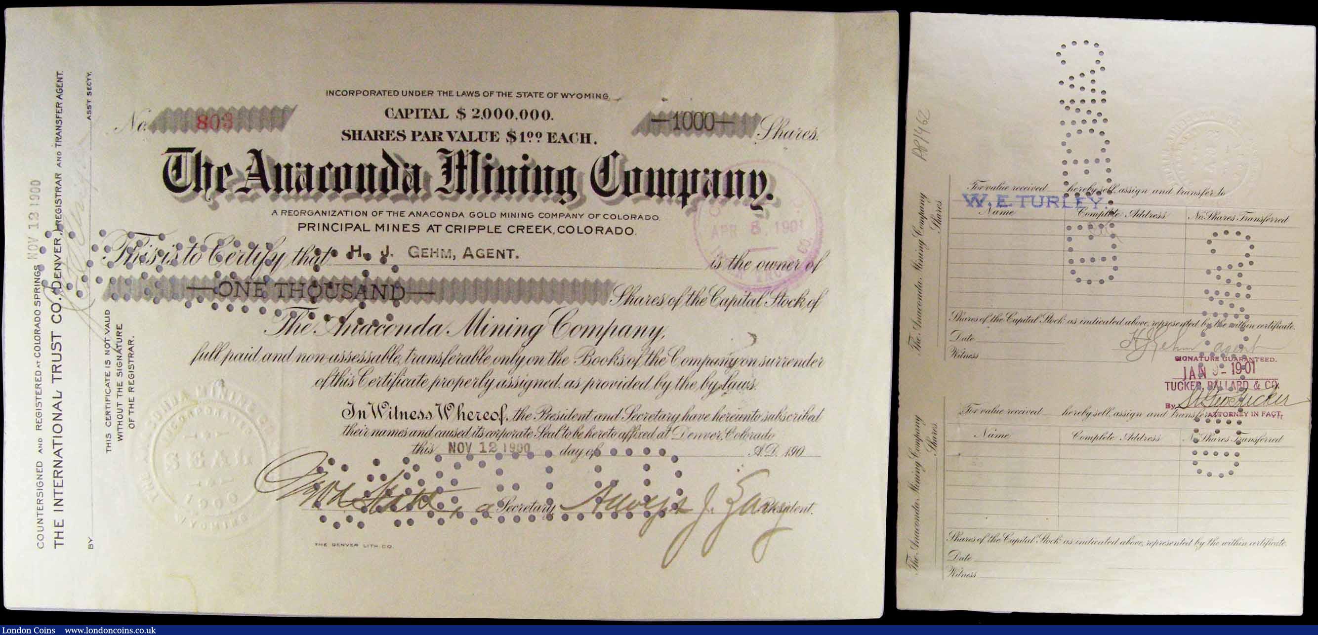 London Coins : A169 : Lot 13 : USA Mining Share Certificates, Cripple Creek Colorado (2) The Doctor Jack Pot Mining Company certifi...