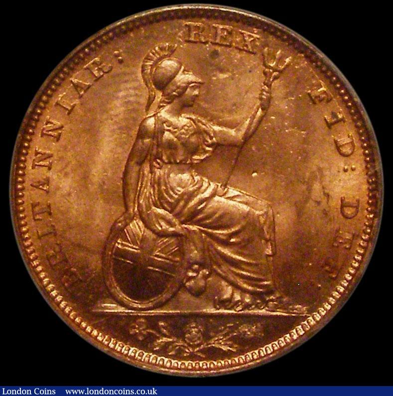 London Coins : A169 : Lot 1371 : Farthing 1834 Raised Line on Saltire, Reverse B, Peck 1471 Almost fully lustrous, a choice and stunn...