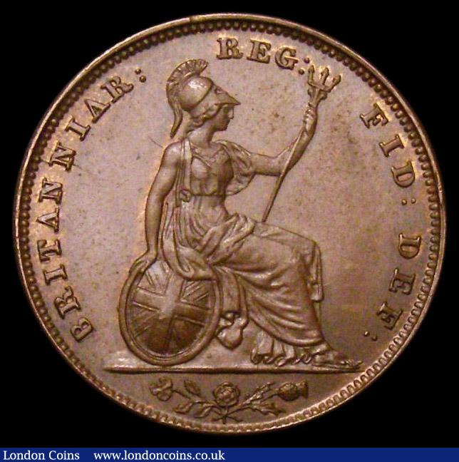 London Coins : A169 : Lot 1384 : Farthing 1849 as Peck 1570, 4 over lower 4, No stop after date, the B of BRITANNIAR with no serifs, ...