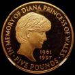 London Coins : A169 : Lot 1434 : Five Pound Crown 1999 Diana Memorial S.L6 Gold Proof in an NGC holder and graded PF64 Ultra Cameo