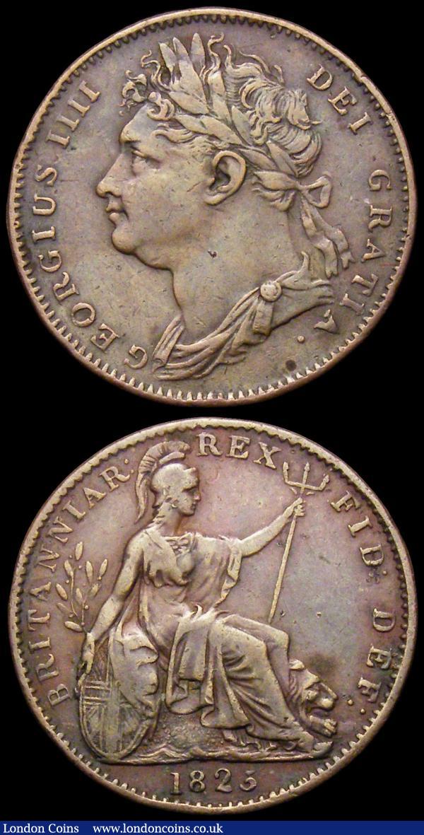 Penny 1856 Plain Trident Peck 1510 Good Fine with some tone spots on the obverse, Rare, Farthing 1825 the upright of the 5 missing, and various die blockages in the obverse legends : English Coins : Auction 169 : Lot 1678