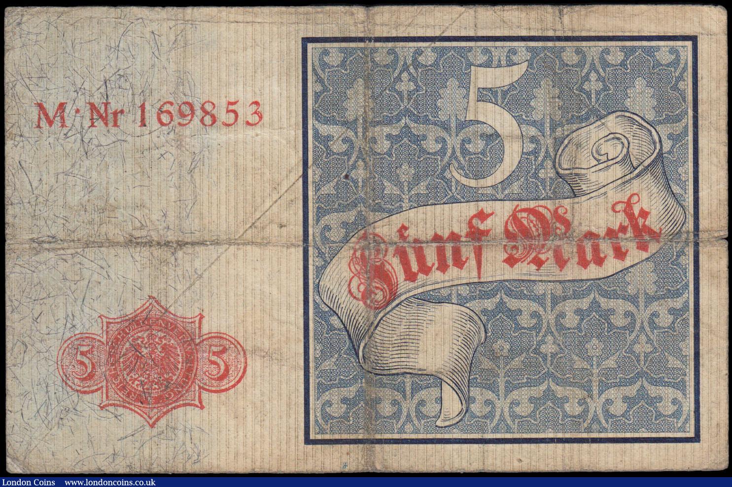 London Coins : A169 : Lot 175 : Germany Empire Reichsschuldenverwaltung REICHSKASSENSCHEIN 5 Mark Pick 4 (Ros. 6) dated 10th January...