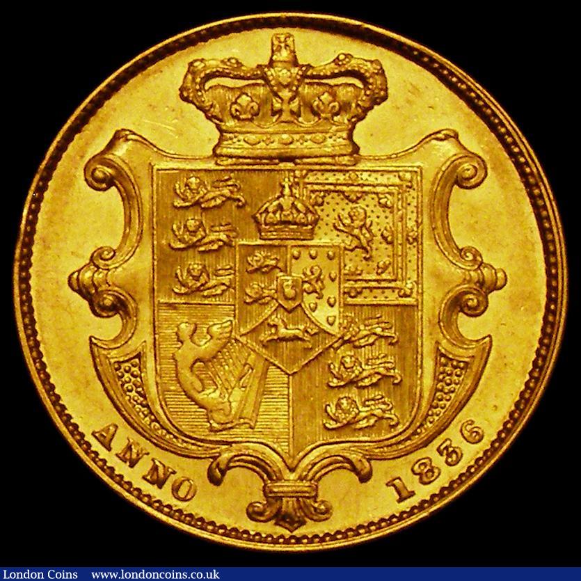 London Coins : A169 : Lot 1856 : Sovereign 1836 Marsh 20 NEF the reverse with good lustre, all William IV gold scarce in high grades