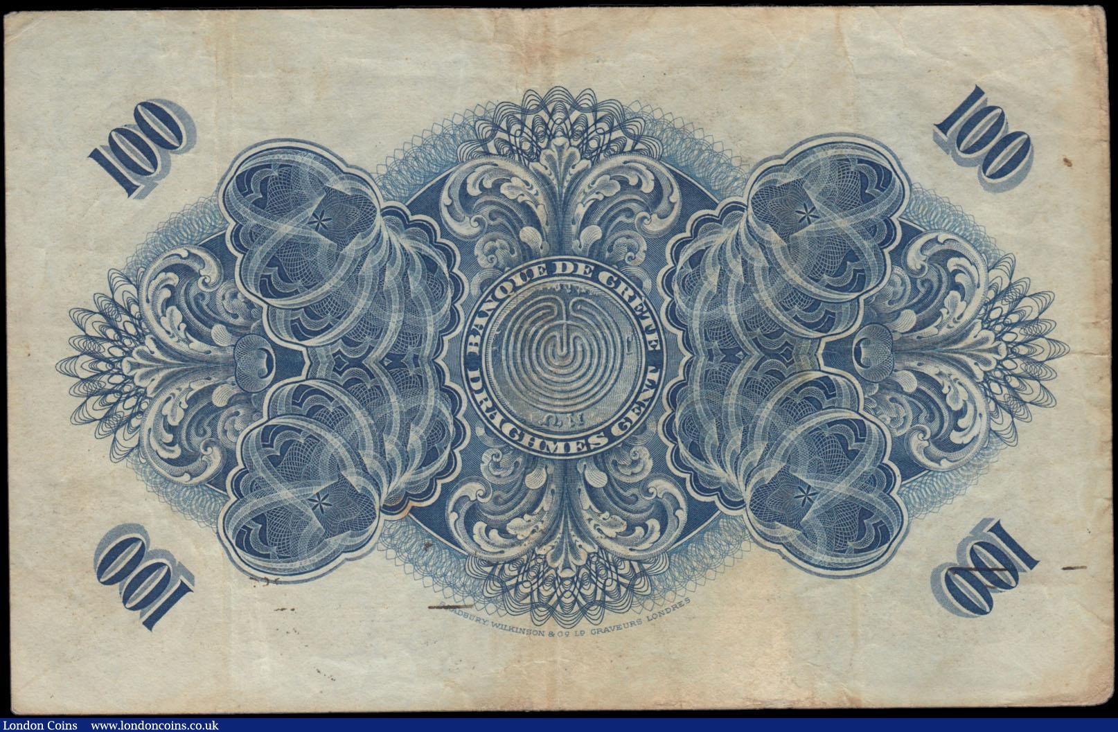 London Coins : A169 : Lot 188 : Greece - Bank of Crete 100 Drachmai Pick S154b handstamp dated 26th September 1912 series A04 number...