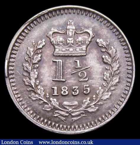 London Coins : A169 : Lot 1976 : Threehalfpence 1835 5 over 4 ESC 2251A, Bull 2542 a choice piece with gold toning and touches of mag...