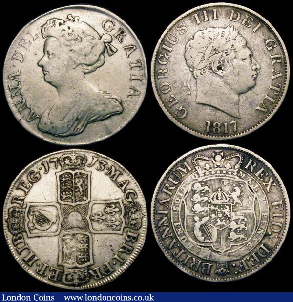 Crowns (2) 1670 VICESIMO SECVNDO, 1696 OCTAVO, Halfcrowns (2) 1713 Plain in angles with NNO for ANNO on edge, the lettering spaced as the standard coin and unusual, 1817 Small Head, VG to Near Fine, all are collectable : English Bulk Lots : Auction 169 : Lot 2018
