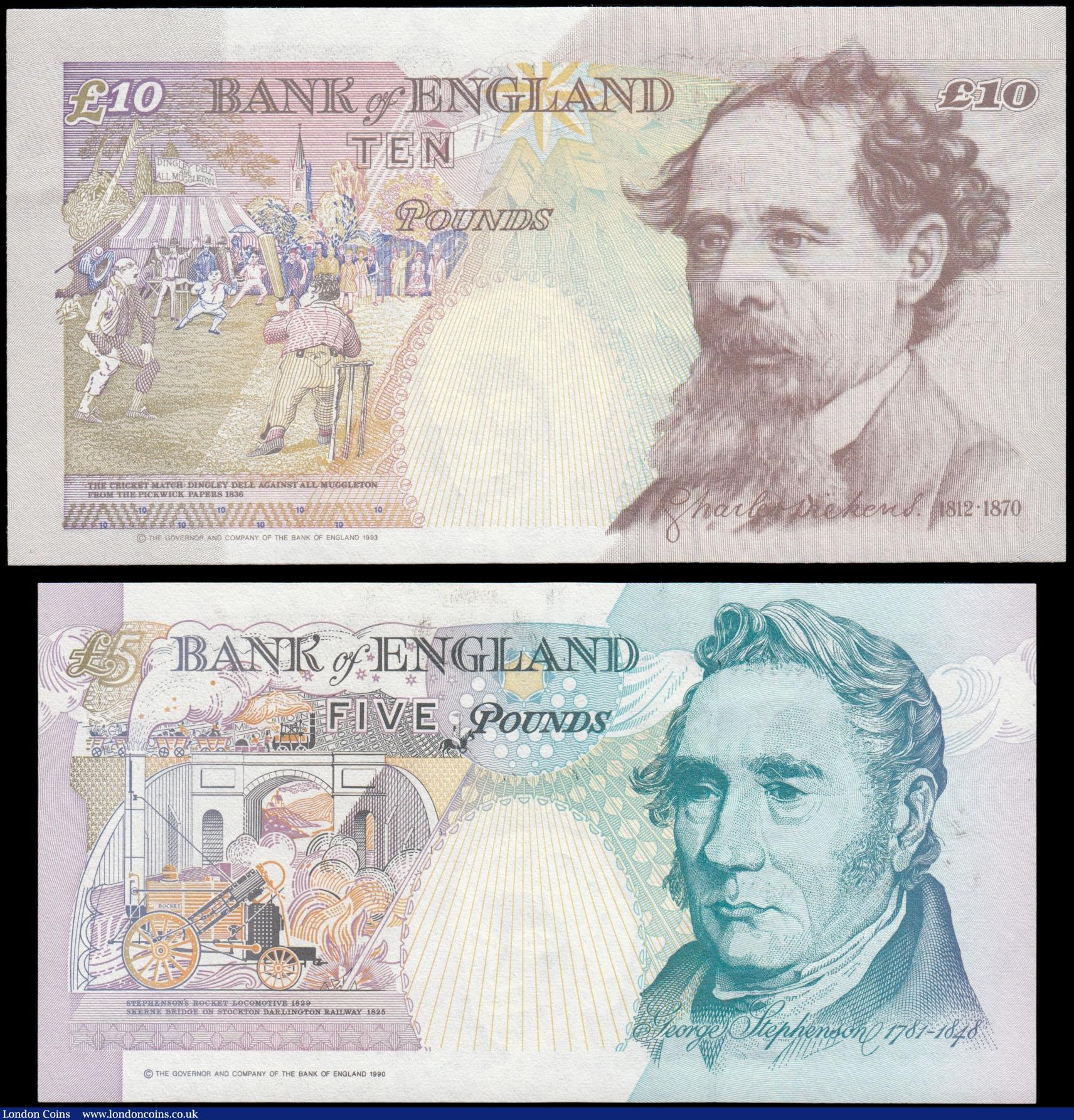London Coins : A169 : Lot 24 : Bank of England matching FIRST RUN LOW serial number pair 5 and 10 Pounds (2) both UNC comprising 5 ...