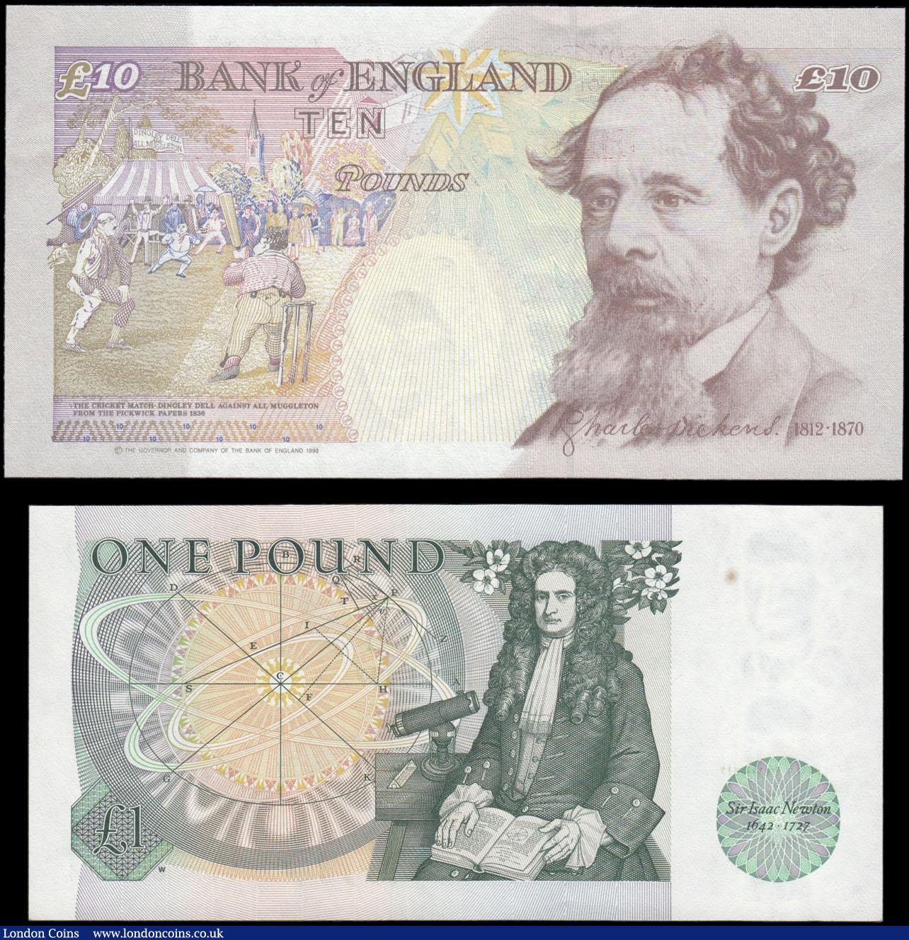 London Coins : A169 : Lot 25 : Bank of England matching FIRST RUN LOW serial numbered pair 1 and 10 Pounds number 324 (2) both UNC ...