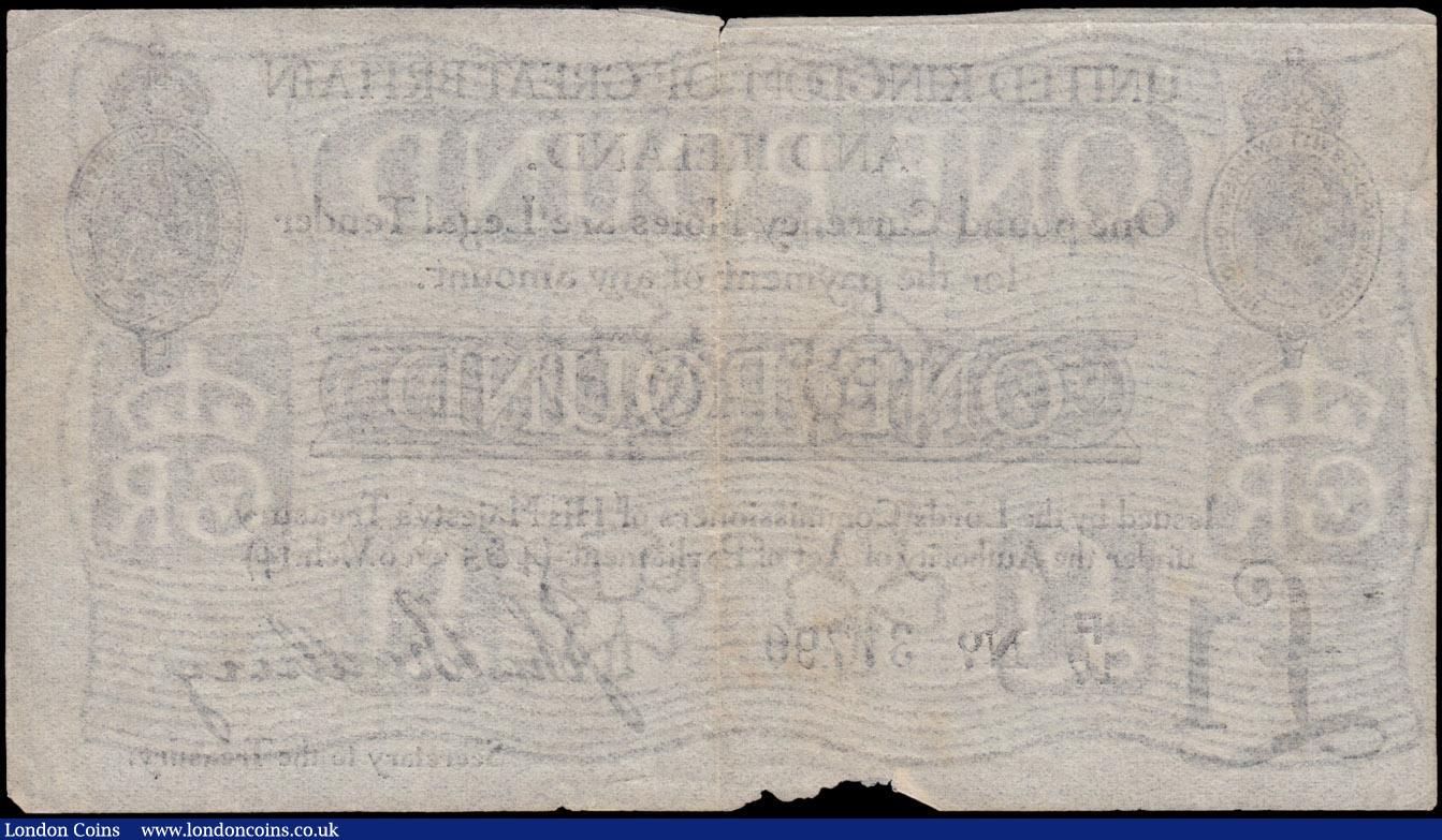 London Coins : A169 : Lot 26 : One Pound Bradbury Second Issue T11.1 De La Rue Black Type one prefix with letter only issued 1914 s...